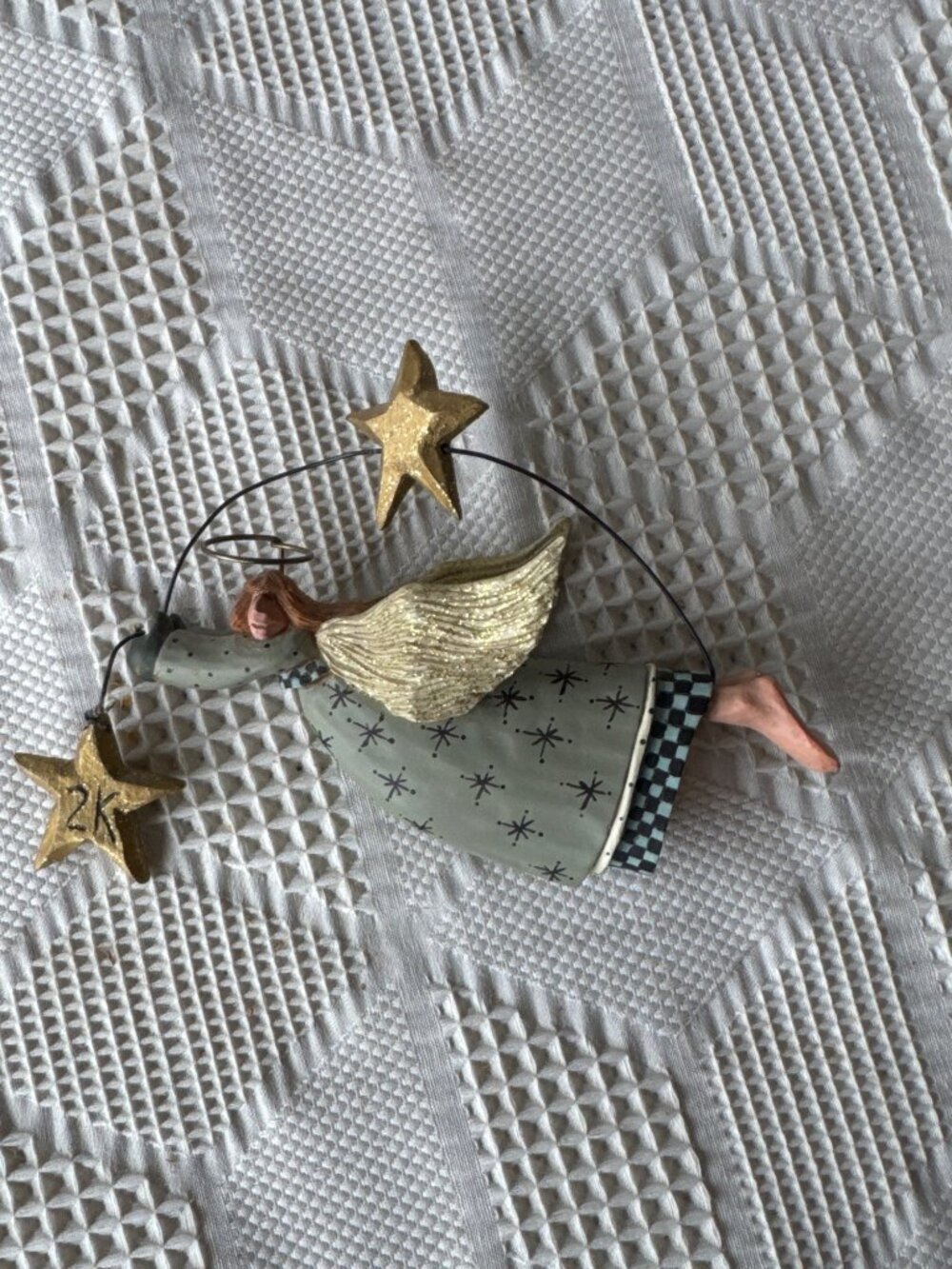 Vintage Williraye Studio Angel Christmas Ornament w Gold Wings 2K Star Y2K